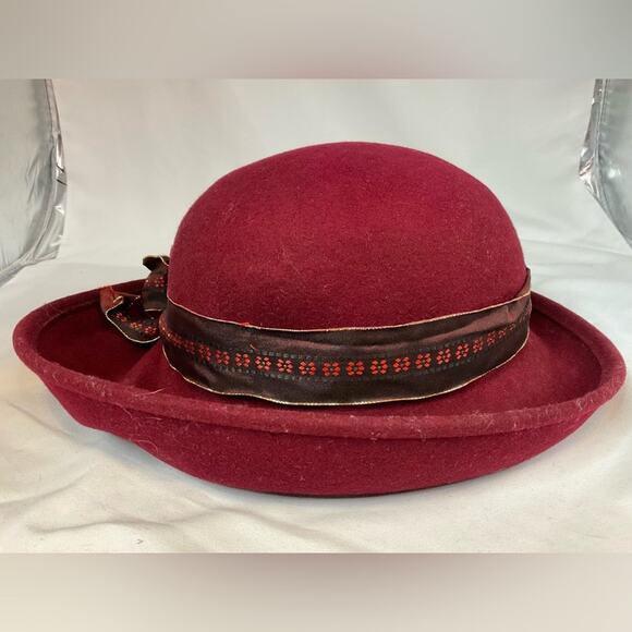 VTG BOLLMAN HAT CO DOESKIN FELT 100% WOOL MAROON RED RIBBON TRIM FLOWERS 1 SIZE - Picture 9 of 9